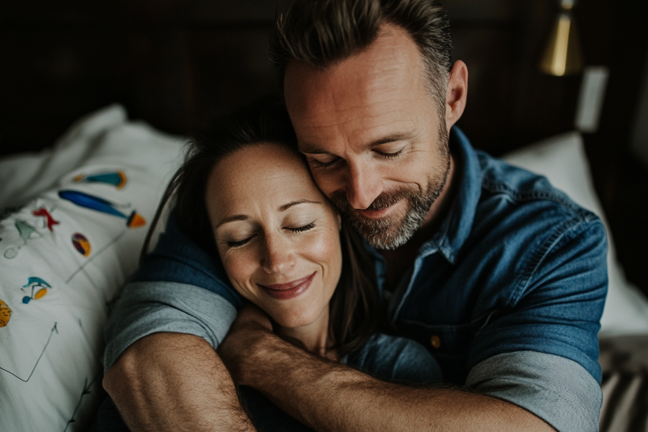 A man hugging his wife | Source: Midjourney