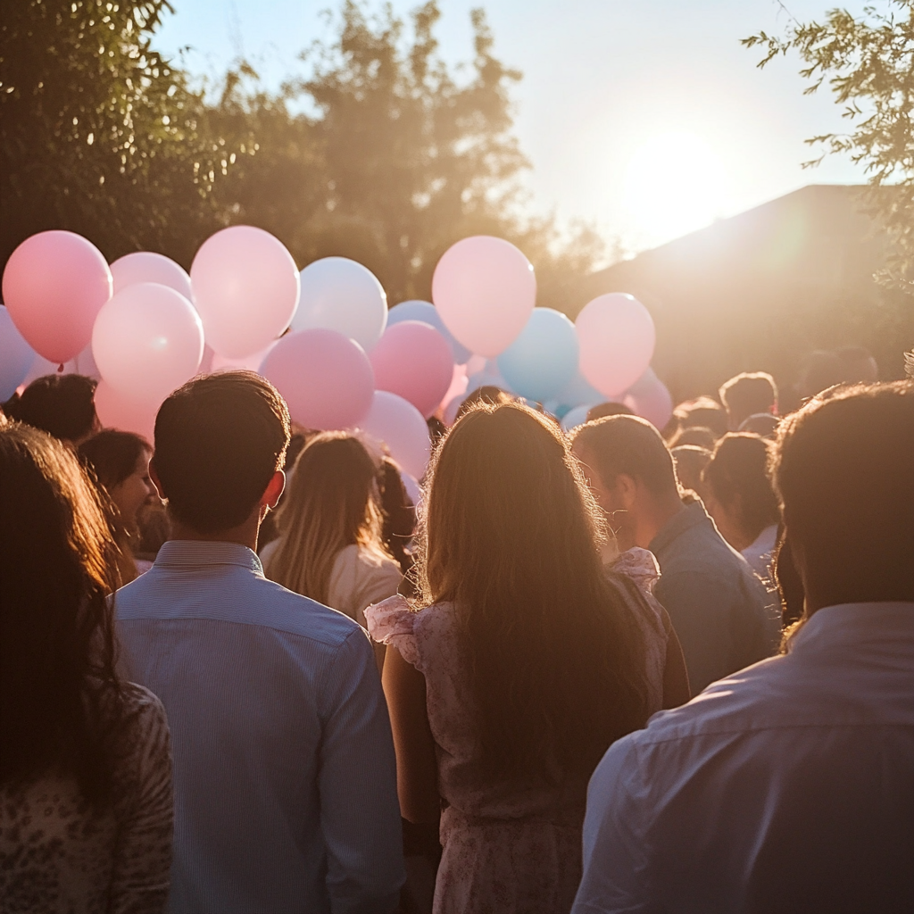 A crowd of people at a gender reveal party | Source: Midjourney