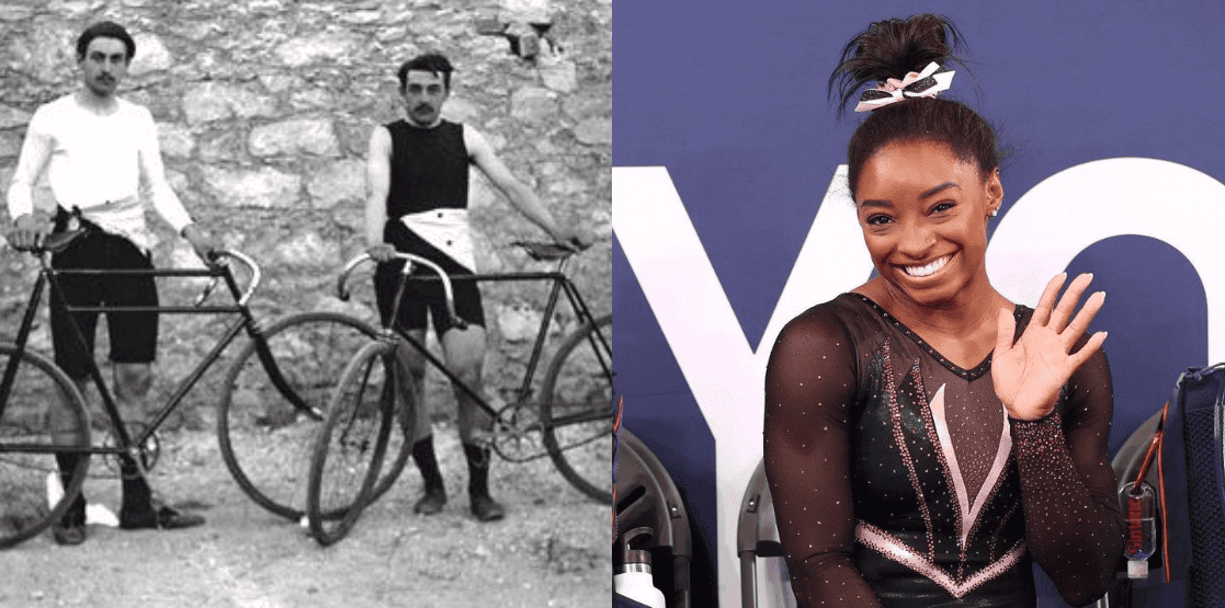 Photo of Leon Flameng and Paul Masson at the 1896 Olympics (left) and Simone Biles at Tokyo 2020 (right) | Source: Wikimedia Commons, Instagram/olympics