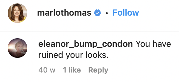 A fan's comment on Marlo Thomas' Instagram post of herself and her husband, Phil Donahue, in Bermuda on June 3, 2022 | Source: Instagram/marlothomas