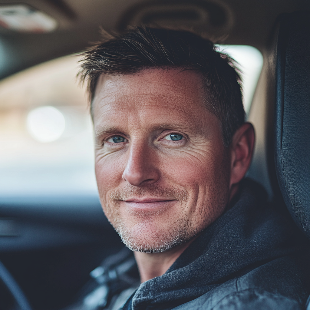 A man smiles softly while sitting in a car's driving seat | Source: Midjourney