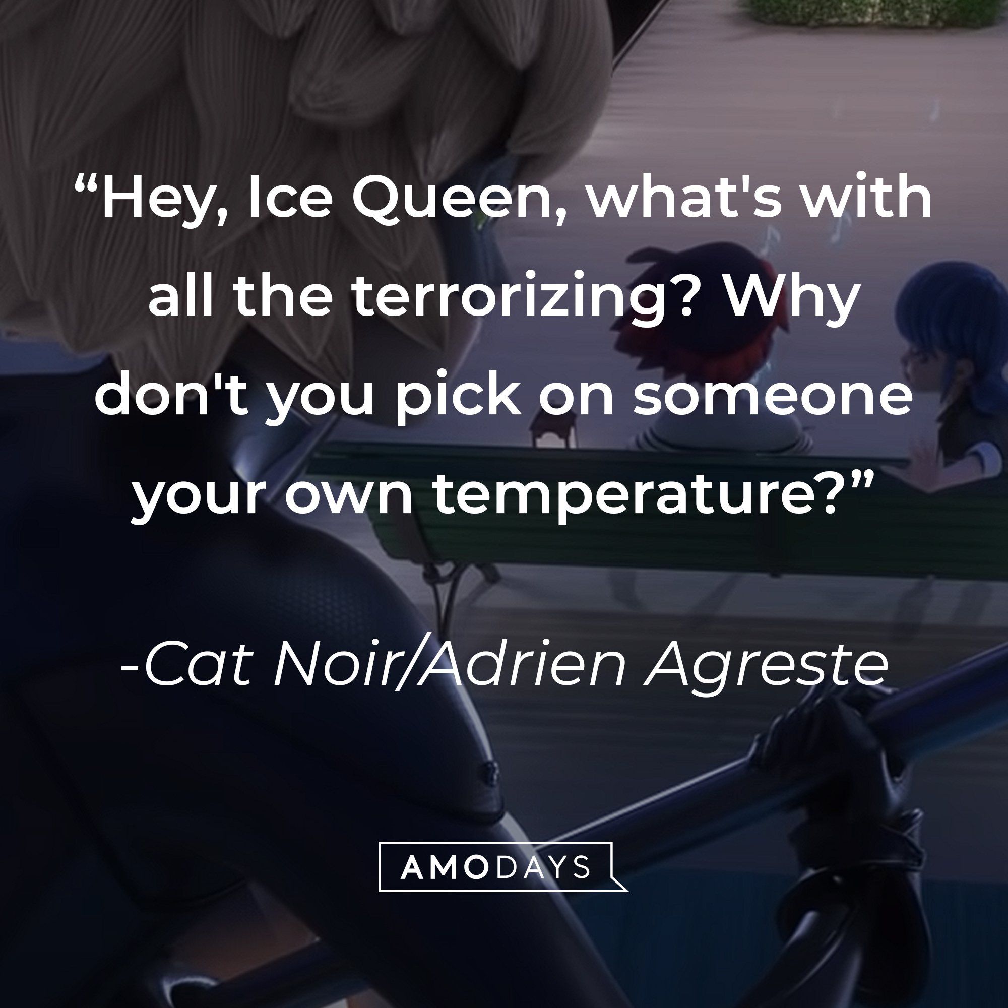 Cat Noir/Adrien Agreste’s quote: “Hey, Ice Queen, what's with all the terrorizing? Why don't you pick on someone your own temperature?” | Image: AmoDays 