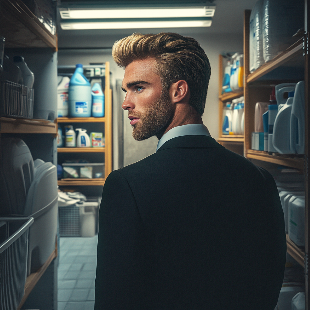 A man in a room of cleaning supplies | Source: Midjourney