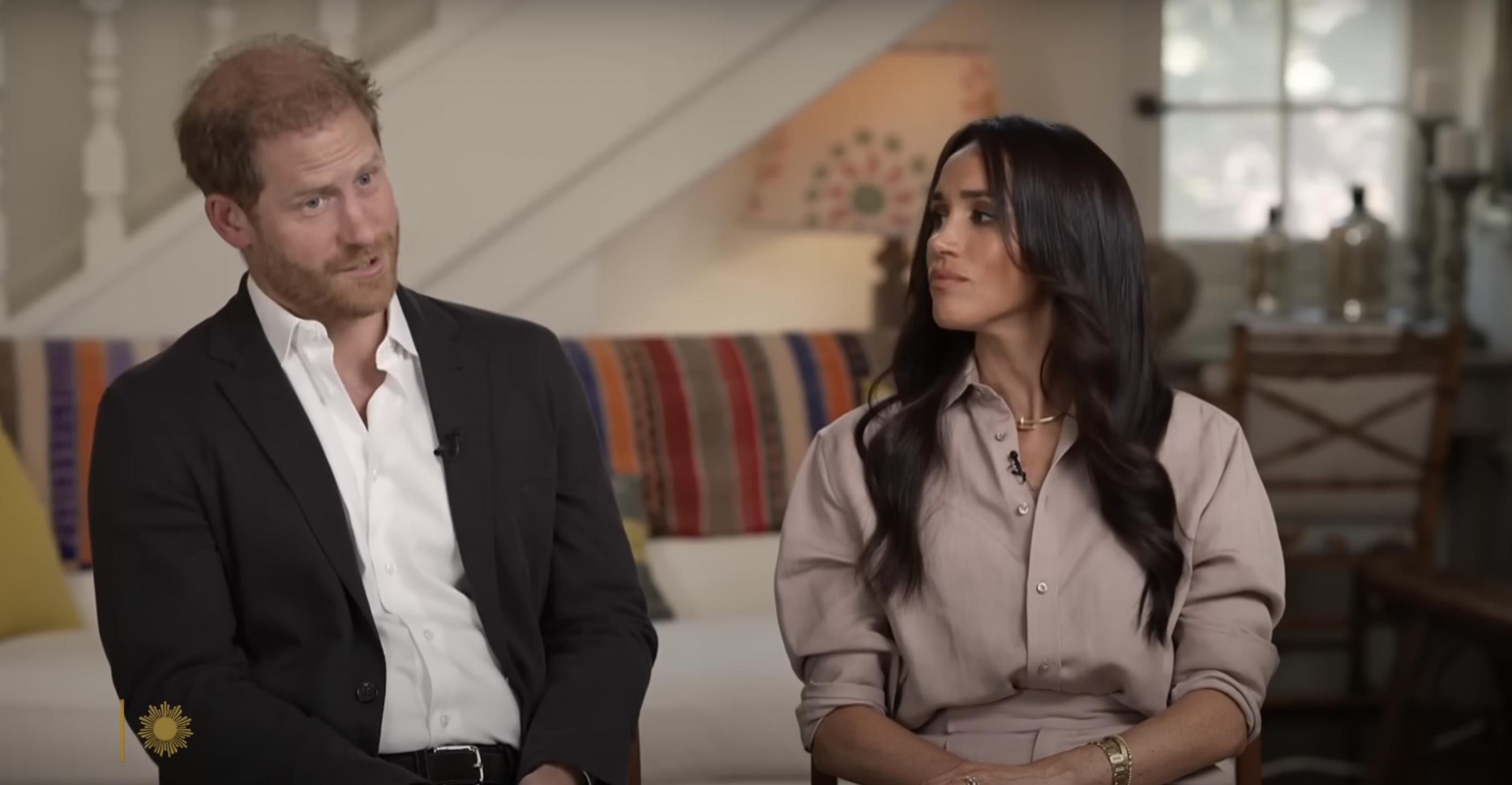 Prince Harry and Meghan Markle during their "Sunday Morning" interview with Jane Pauley on August 4, 2024. | Source: YouTube/CBS Sunday Morning