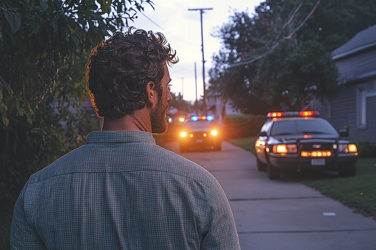 A man watching police officers approach a neighbor's house | Source: Midjourney