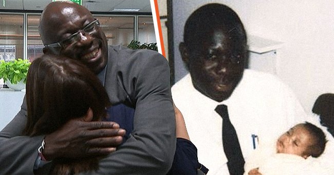 Joe Campbell sharing an emotional embrace with Kiran Sheikh [left]; Joe Campbell after he rescued Kiran Sheikh shortly after she was abandoned [right]. | Source:  twitter.com/Omojuwa twitter.com/itvnews