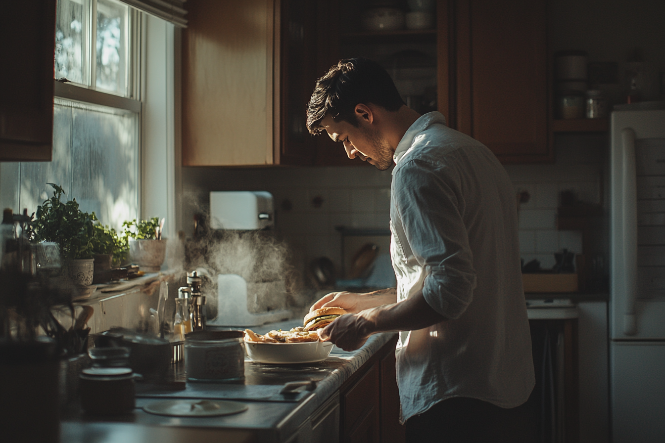 Um homem na casa dos 30 anos preparando um sanduíche em uma cozinha | Fonte: Midjourney