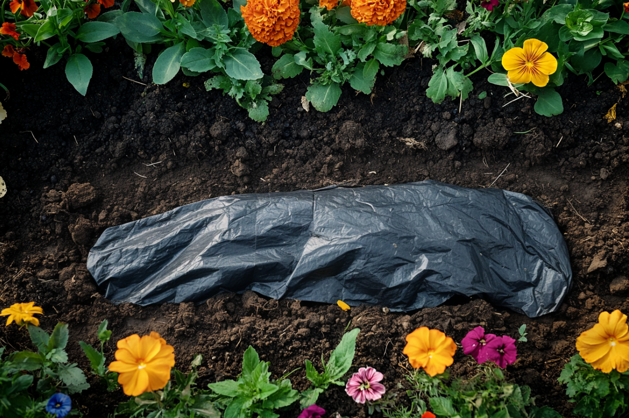 A tarp-covered object buried in a flower bed | Source: Midjourney