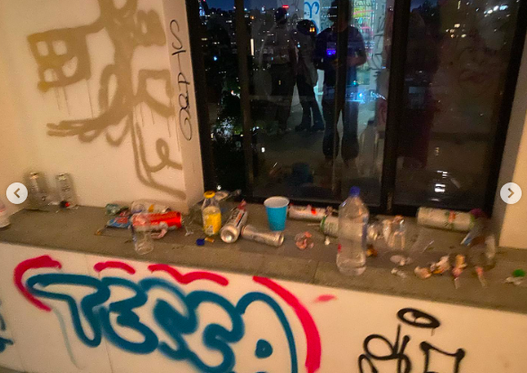 The aftermath looked considerably less Architectural Digest-ready, with bottles, cups and spray paint filling the room. Luckily for Sophia, the entire apartment was about to be gutted anyway. | Source: Instagram/sophiaemeloni