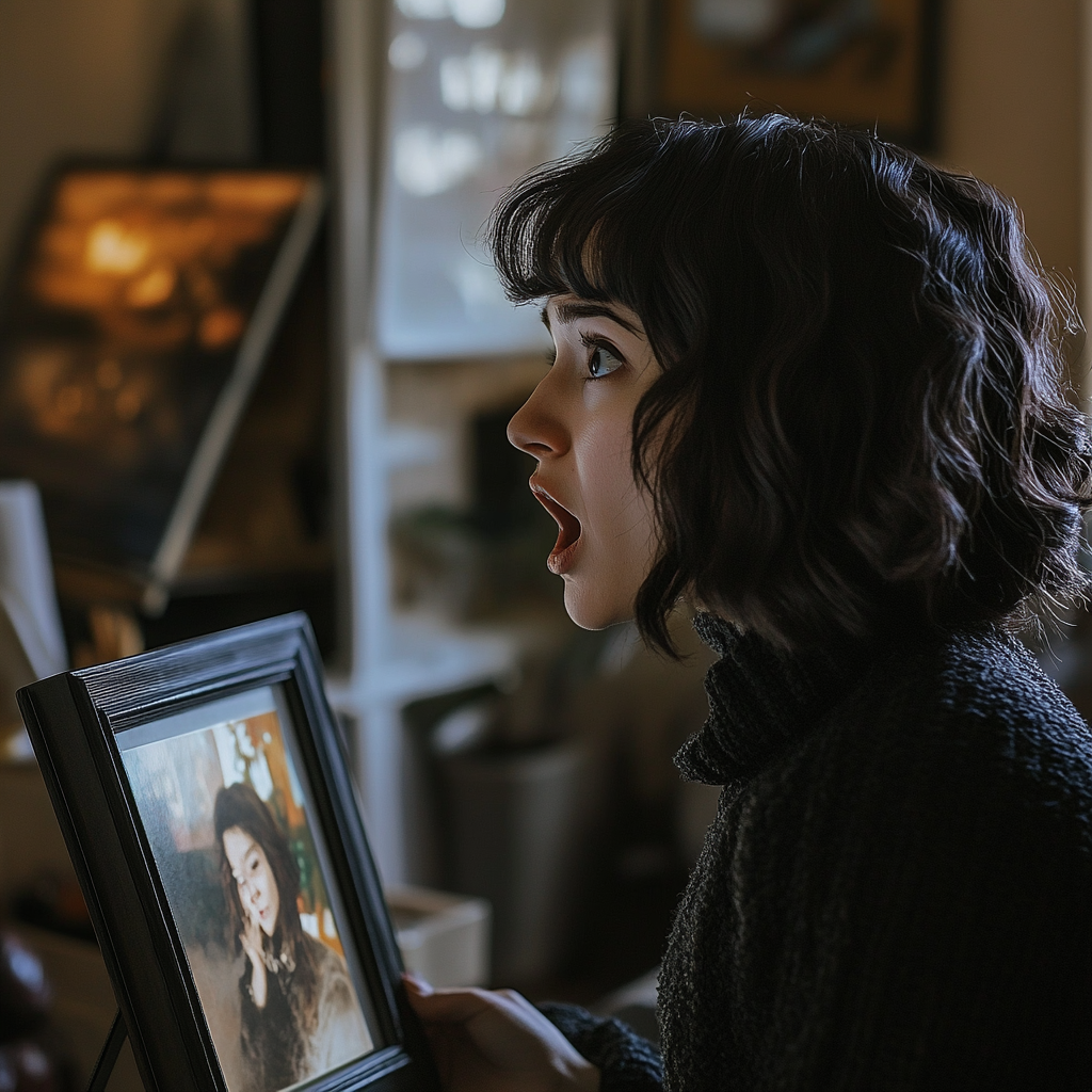 A shocked woman looking at a photo | Source: Midjourney