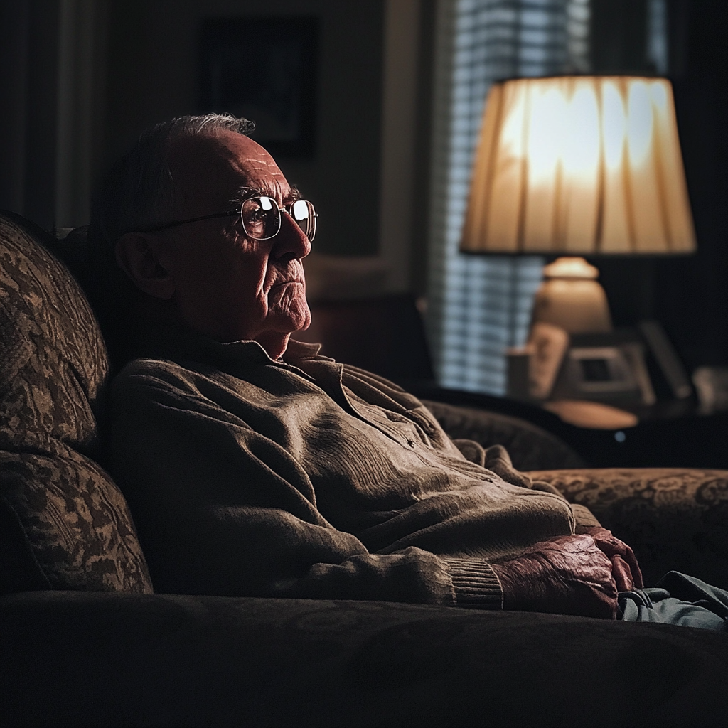 An elderly man sitting on a couch | Source: Midjourney