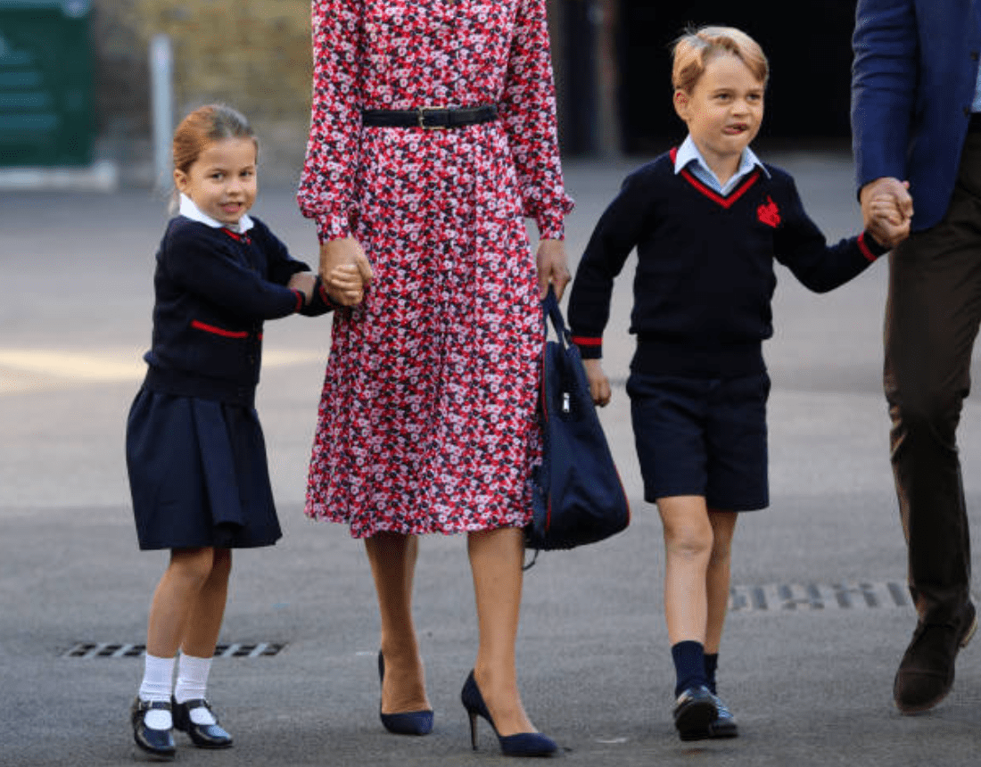 Prince Harry, Kate Middleton, Princess Charlotte and Prince George arriving for her first day of school at Thomas's Battersea on September 5, London | Source: Getty Images