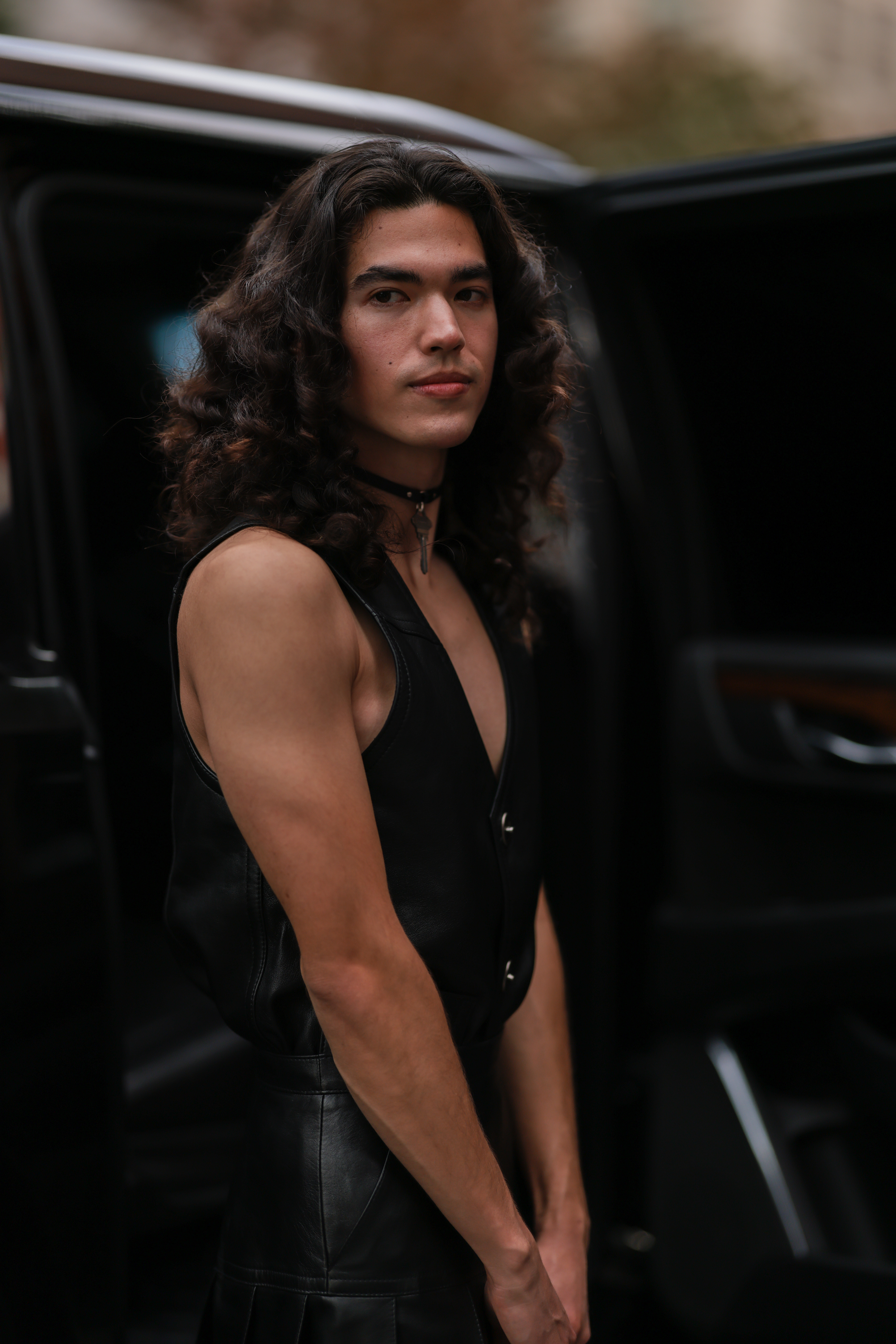 Conan Gray is seen wearing a full leather outfit outside a coach during New York Fashion Week on September 12, 2022, in New York City | Source: Getty Images