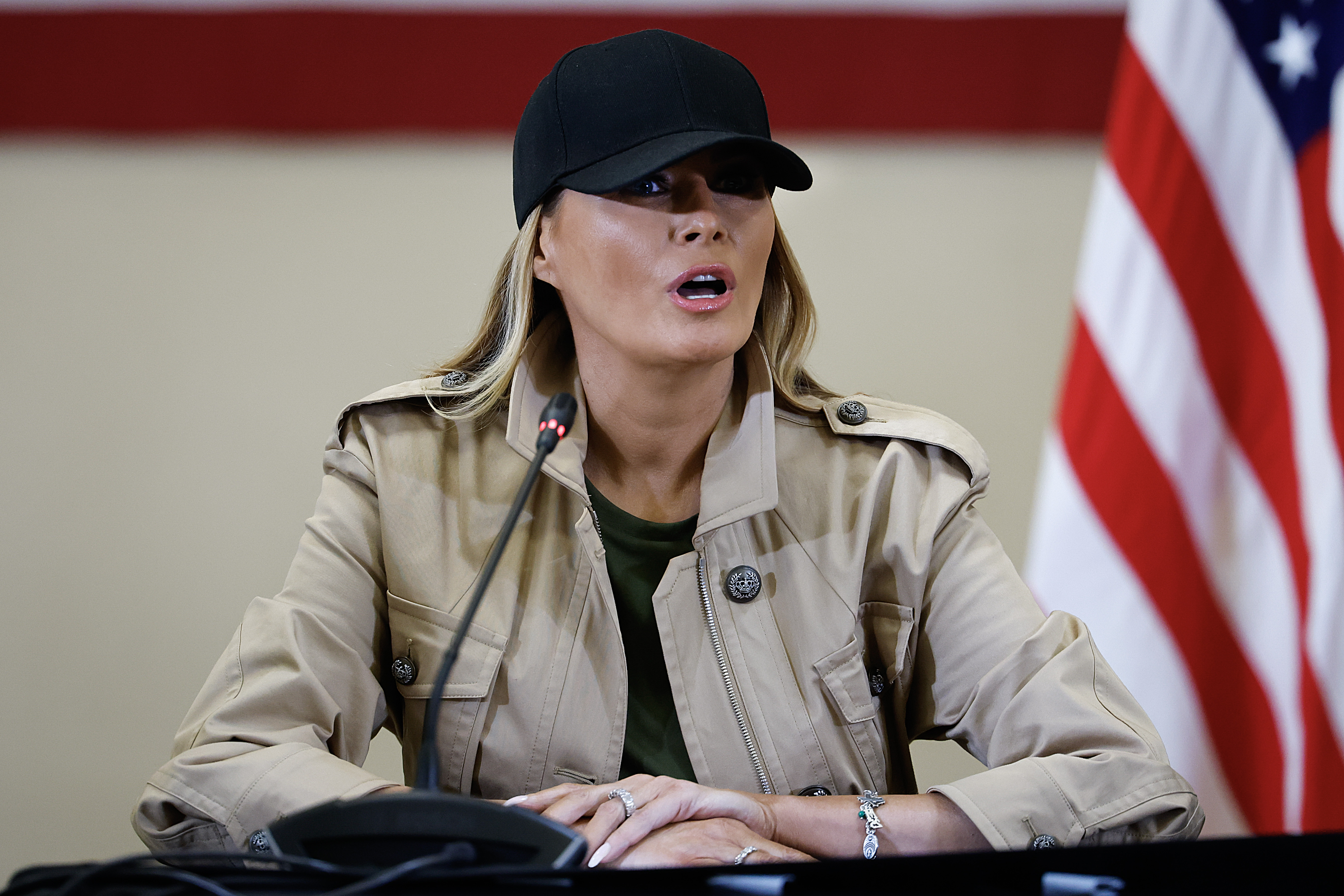First lady Melania Trump participates in a round table event with President Donald Trump at the Hill Country Youth Event Center in Kerrville, Texas on July 11, 2025 | Source: Getty Images