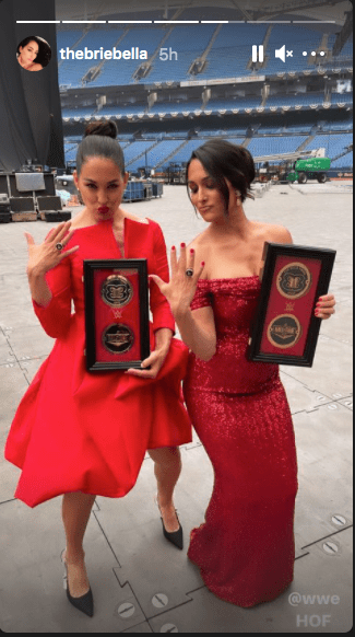 The Bella Twins posed with their new Hall of Fame rings and awards. 2021. | Photo: Instagram/thebriebella