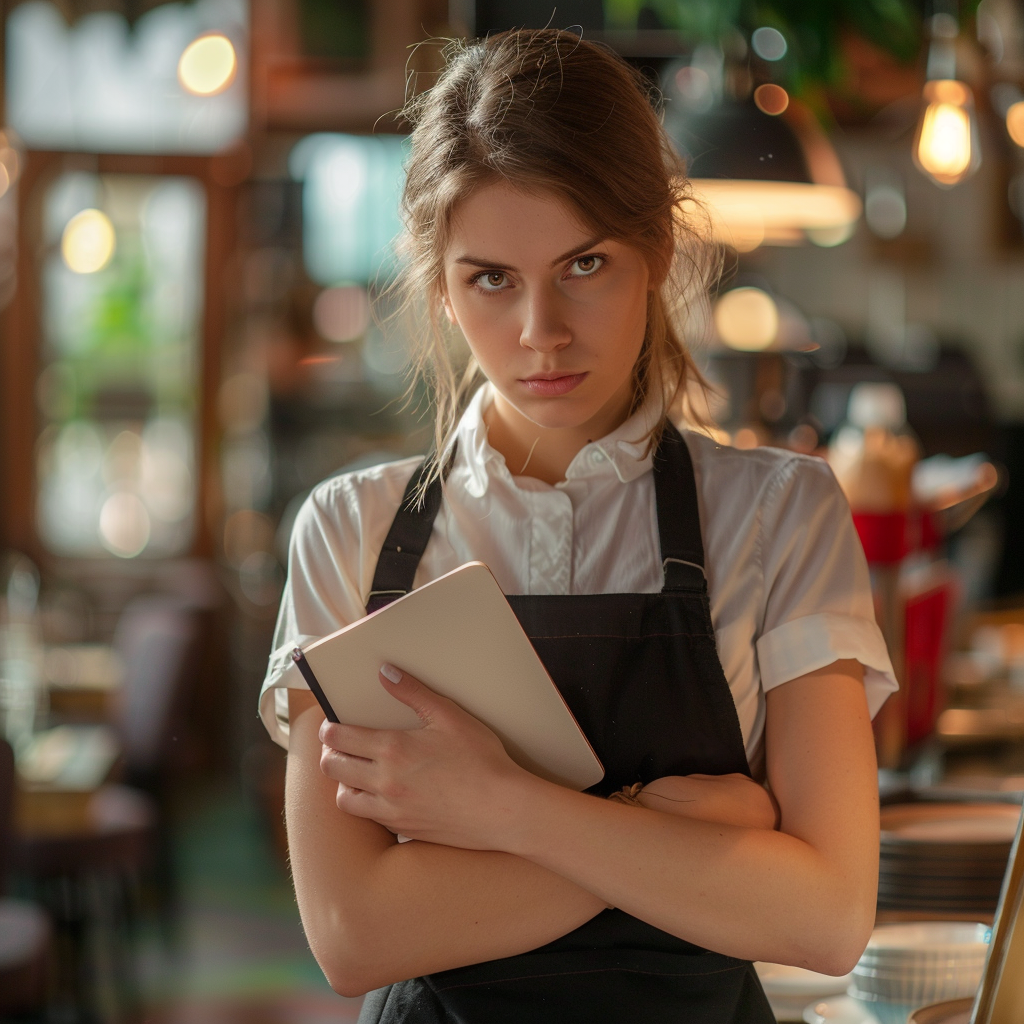 A grumpy waitress holding a notebook | Source: Midjourney