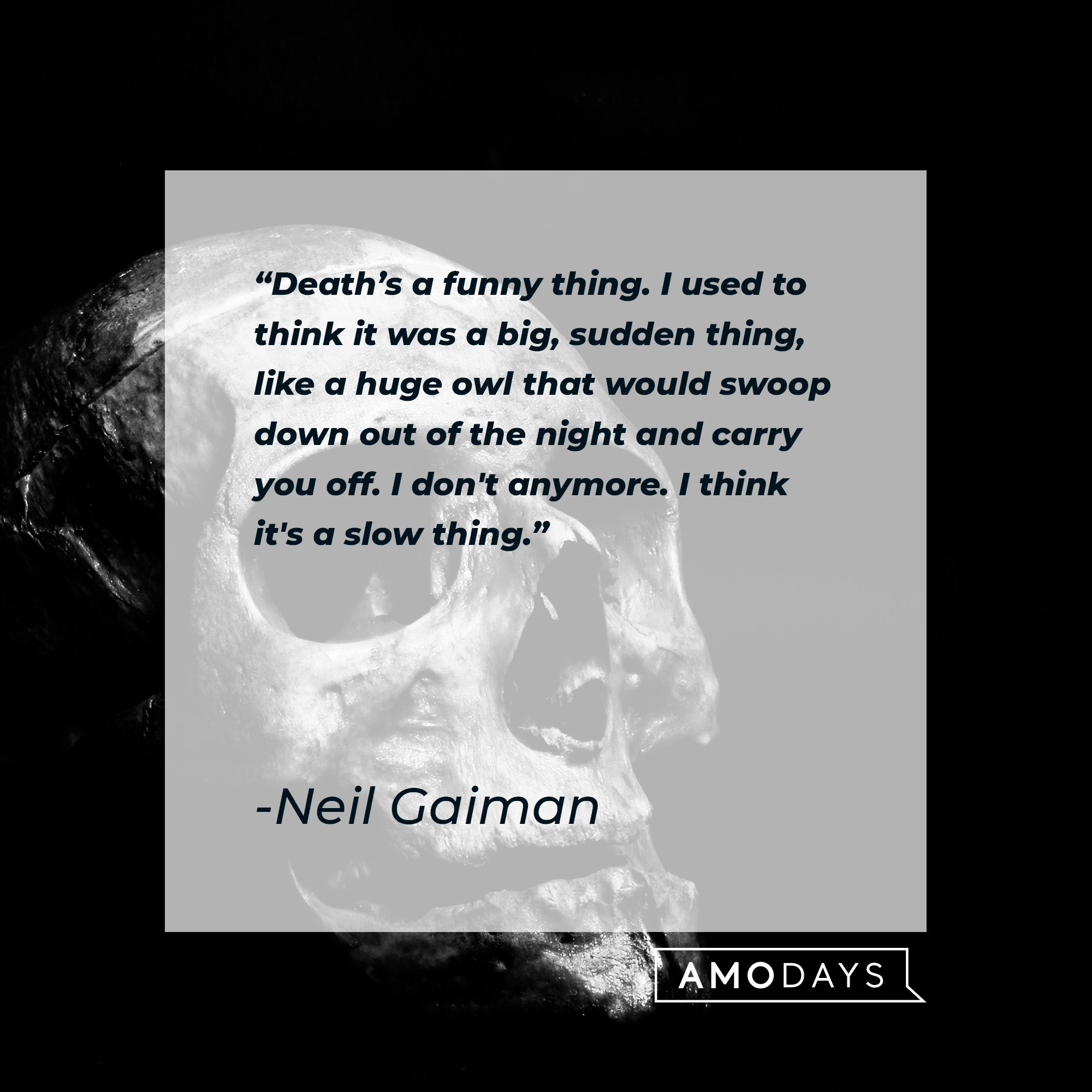  Neil Gaiman's quote: "Death's a funny thing. I used to think it was a big, sudden thing, like a huge owl that would swoop down out of the night and carry you off. I don't anymore. I think it's a slow thing." | Image: AmoDays