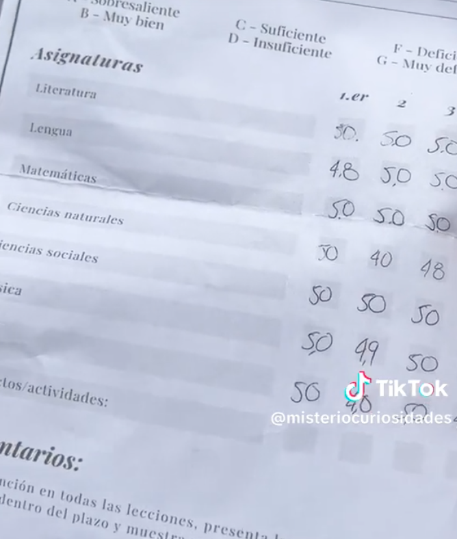 Kike's school grades. | Source: tiktok.com/@misteriocuriosidades