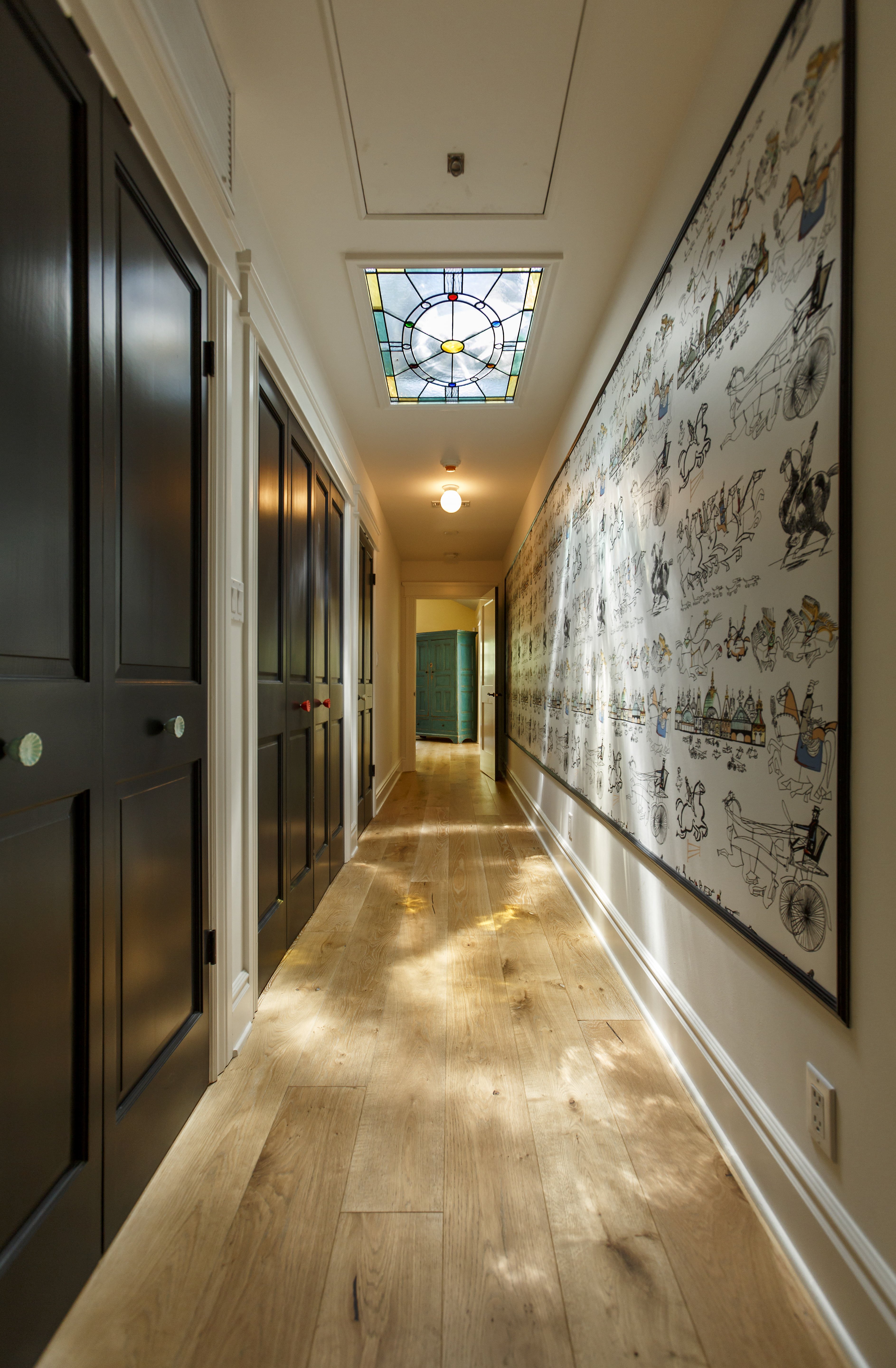 Hallway with stained-glass skylight , connecting the dining room to the bedroom Craftsman home of actress Linda Hunt, September 19, 2014 | Source: Getty Images