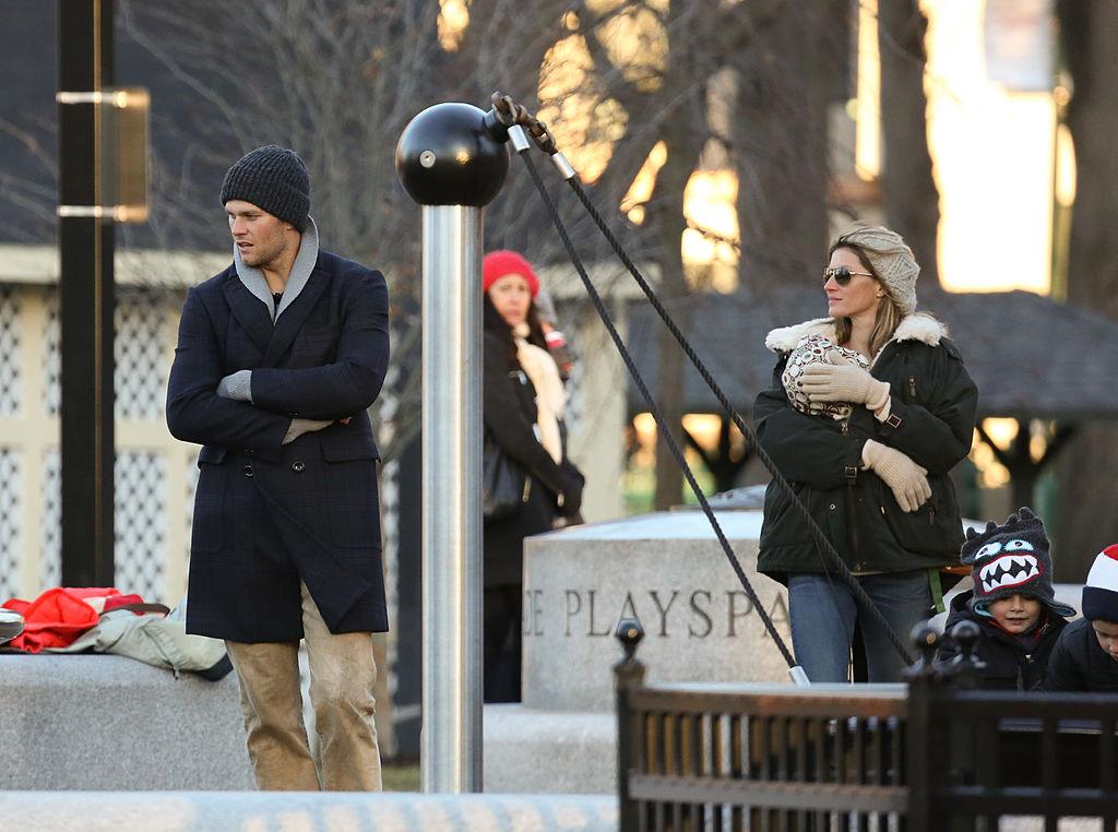Gisele Bundchen and Tom Brady with children, Vivian Brady, John Moynahan and Benjamin Brady are seen on December 07, 2013 in Boston, Massachusetts. (Photo by Stickman/Bauer-Griffin/GC Images)