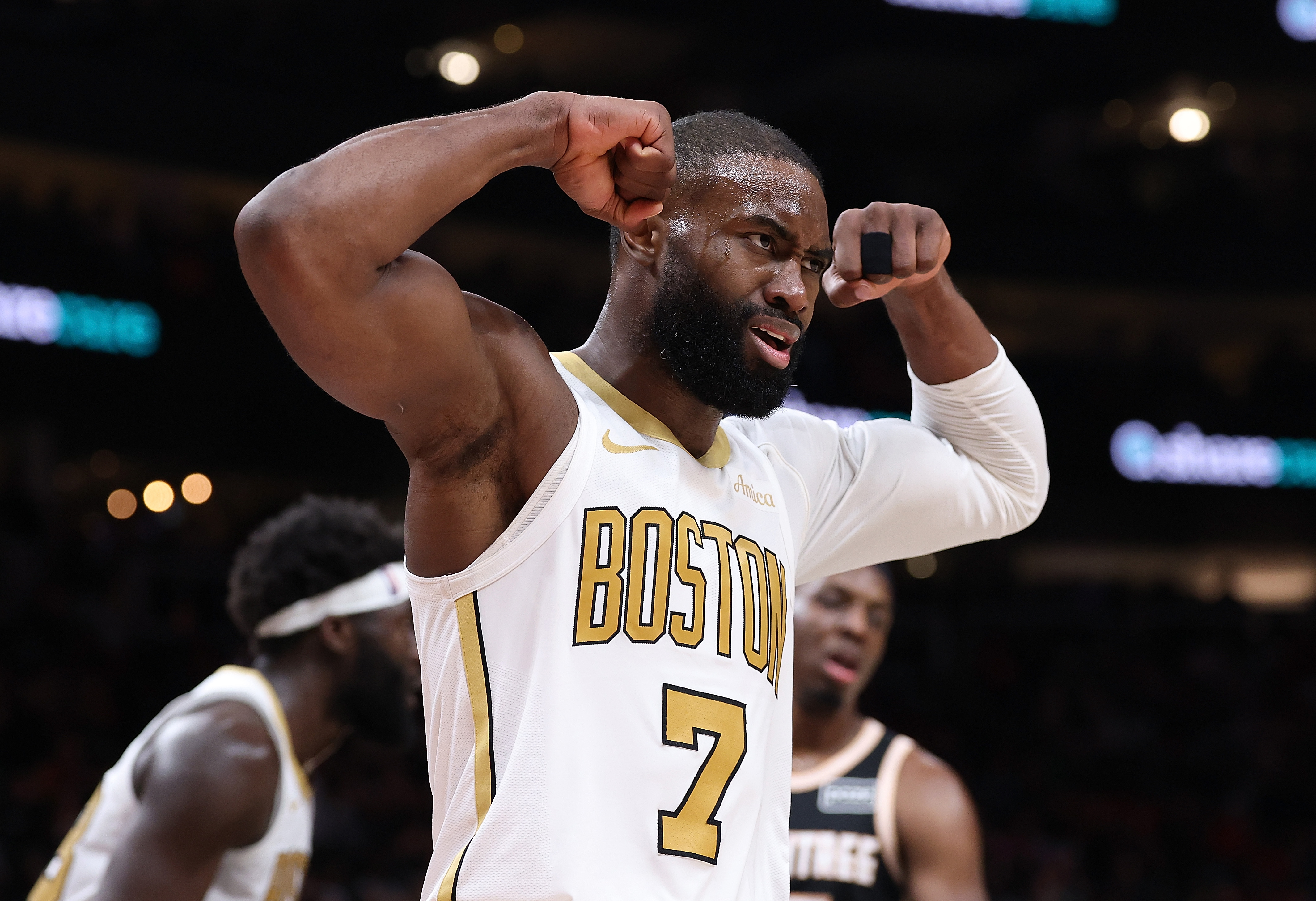 Jaylen Brown of the Boston Celtics reacts after a basket against the Atlanta Hawks on January 17, 2026 | Source: Getty Images