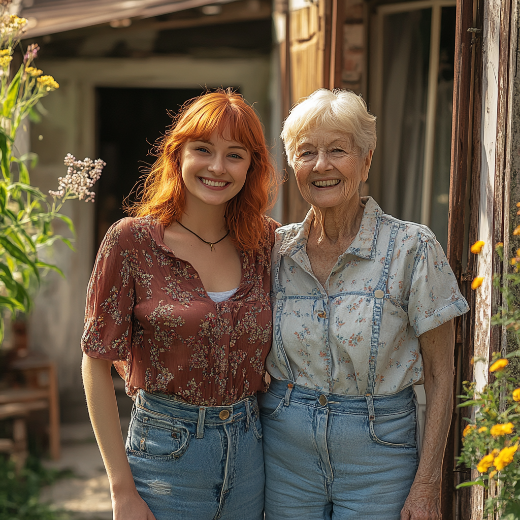 Larissa and her mom in front of the house | Source: Midjourney