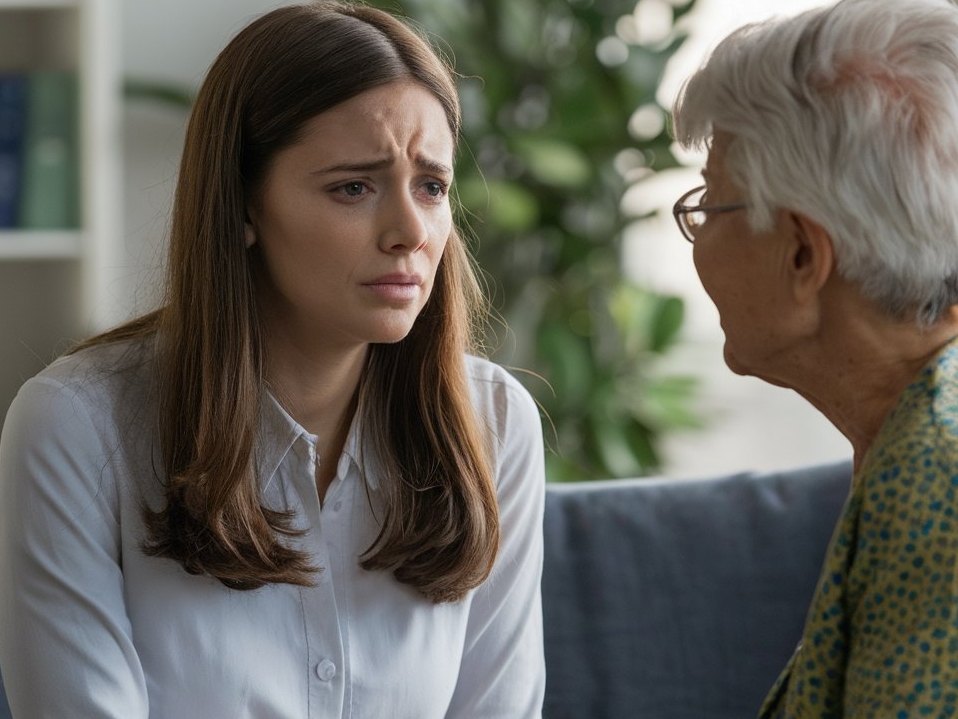 A young woman talking to a senior, looking concerned | Source: Midjourney