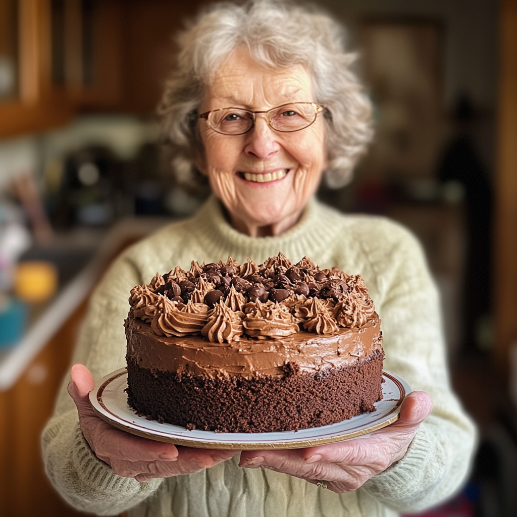 A grandmother holding a chocolate cake | Source: Midjourney