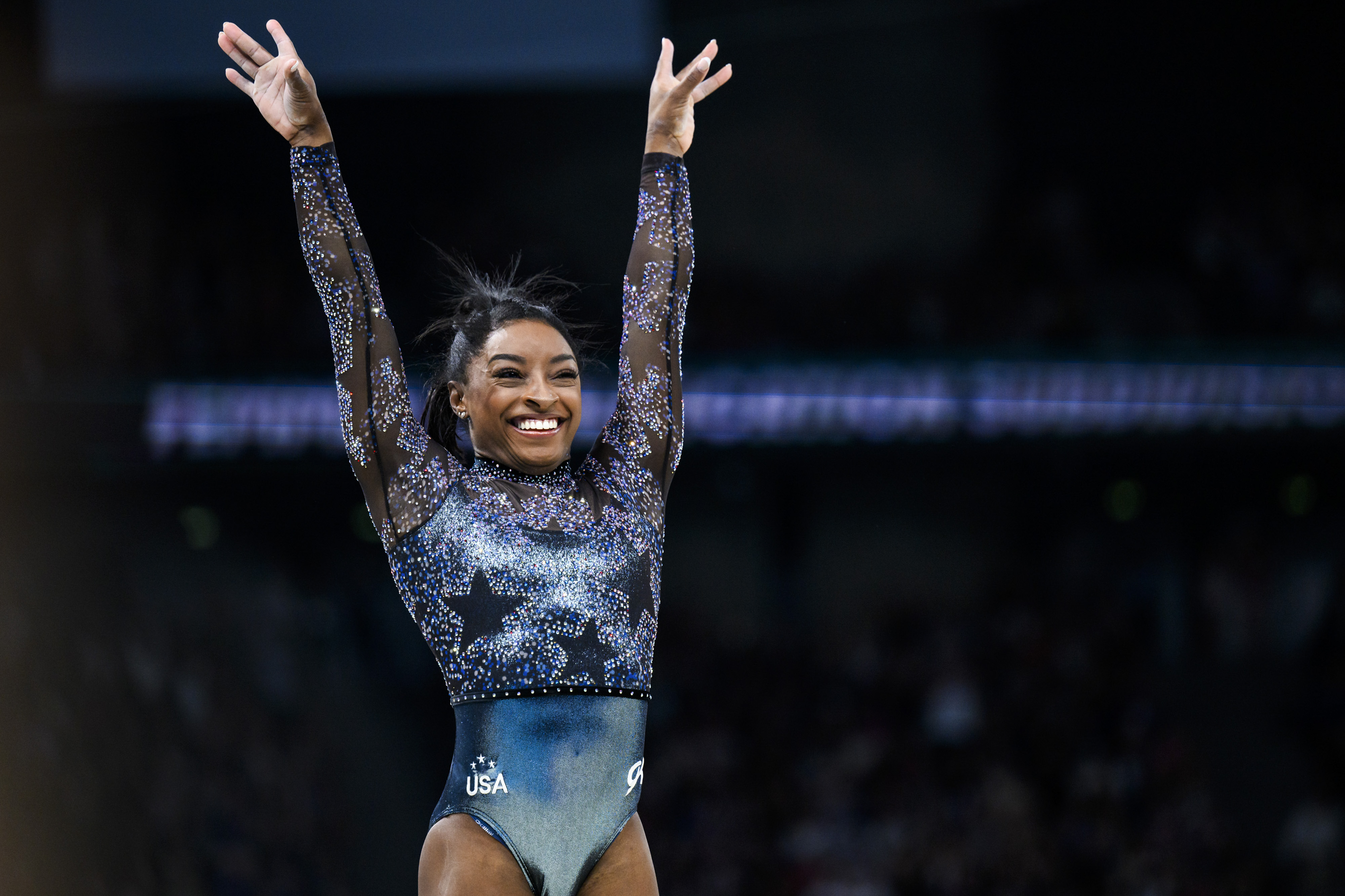 Simone Biles from Team United States reacts after her exercise on the balance beam during day two of the Olympic Games Paris 2024 at the Bercy Arena on July 28, 2024, in Paris, France. | Source: Getty Images