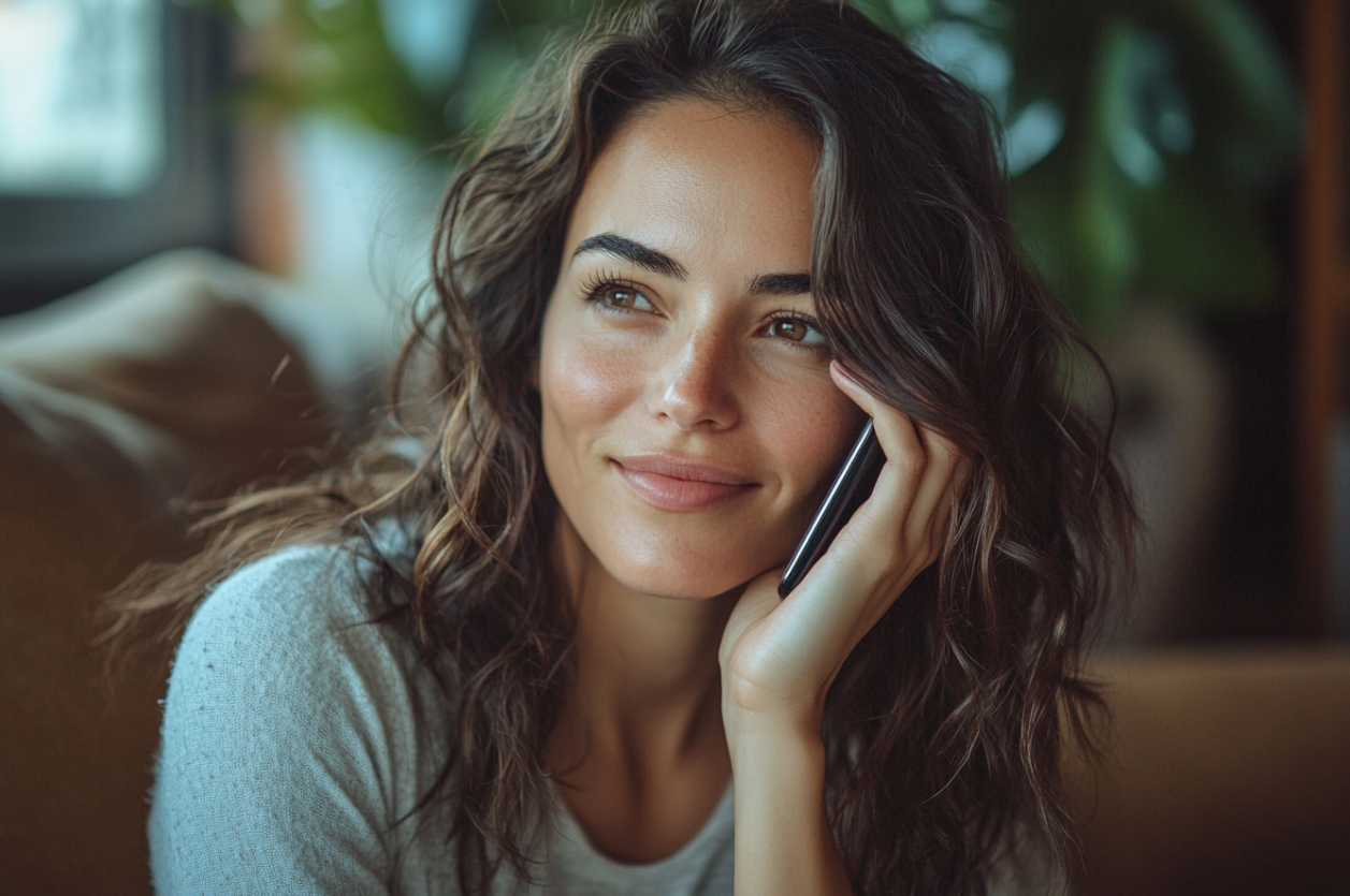 A smiling woman on a phone call | Source: Midjourney