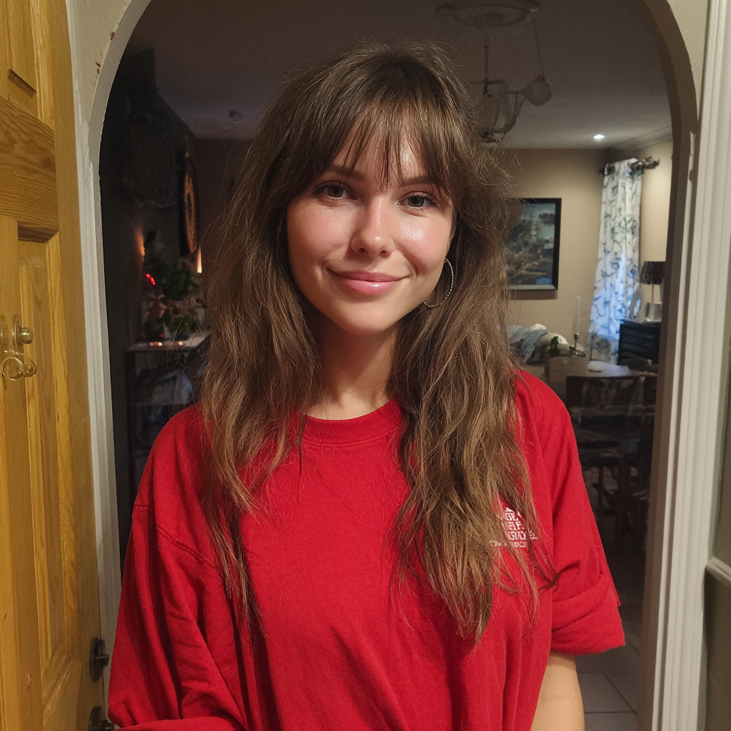 A smiling woman wearing a red T-shirt | Source: Midjourney