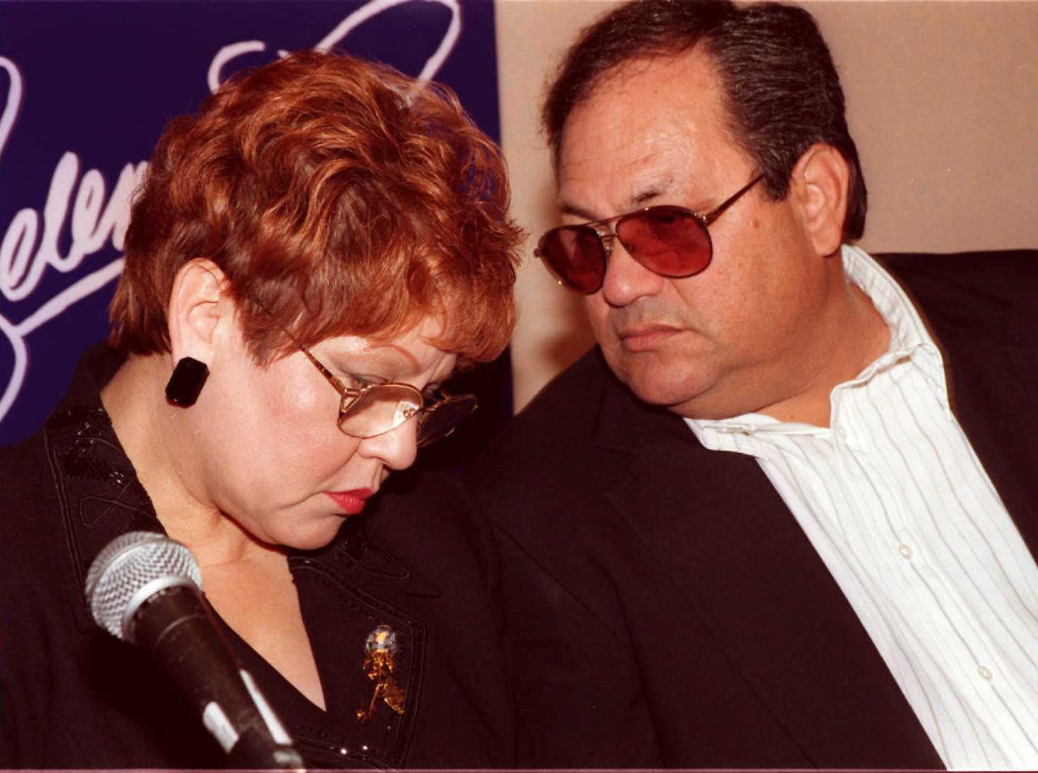 Marcella Samora and Abraham Quintanilla Jr. at a press conference for a Warner Brothers Studio movie about Selena on June 18, 1996, in Beverly Hills, California. | Source: Getty Images