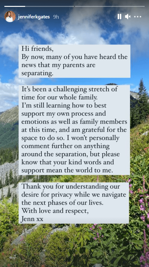 Jennifer Gates commenting on her parent's, Bill and Melinda Gates, divorce. | Source: Instagram/jenniferkgates