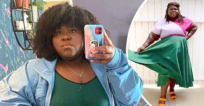 Gabourey Sidibe taking a mirror selfie, and next, the actress donning a pink top and green skirt while posing for the camera. | Photo: Instagram/gabby3shabby