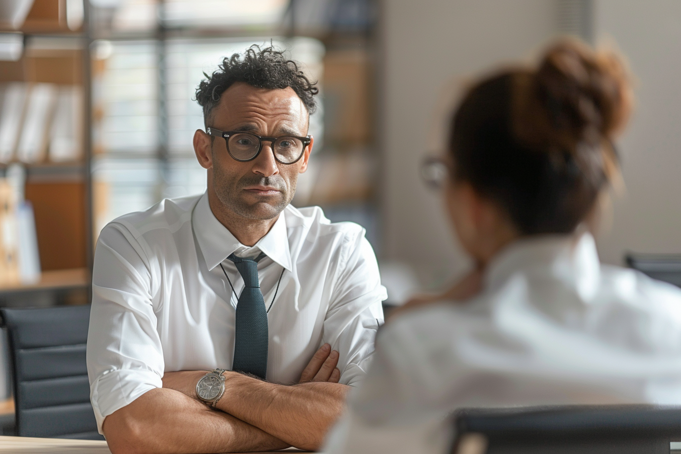 A woman talking to her boss | Source: Midjourney