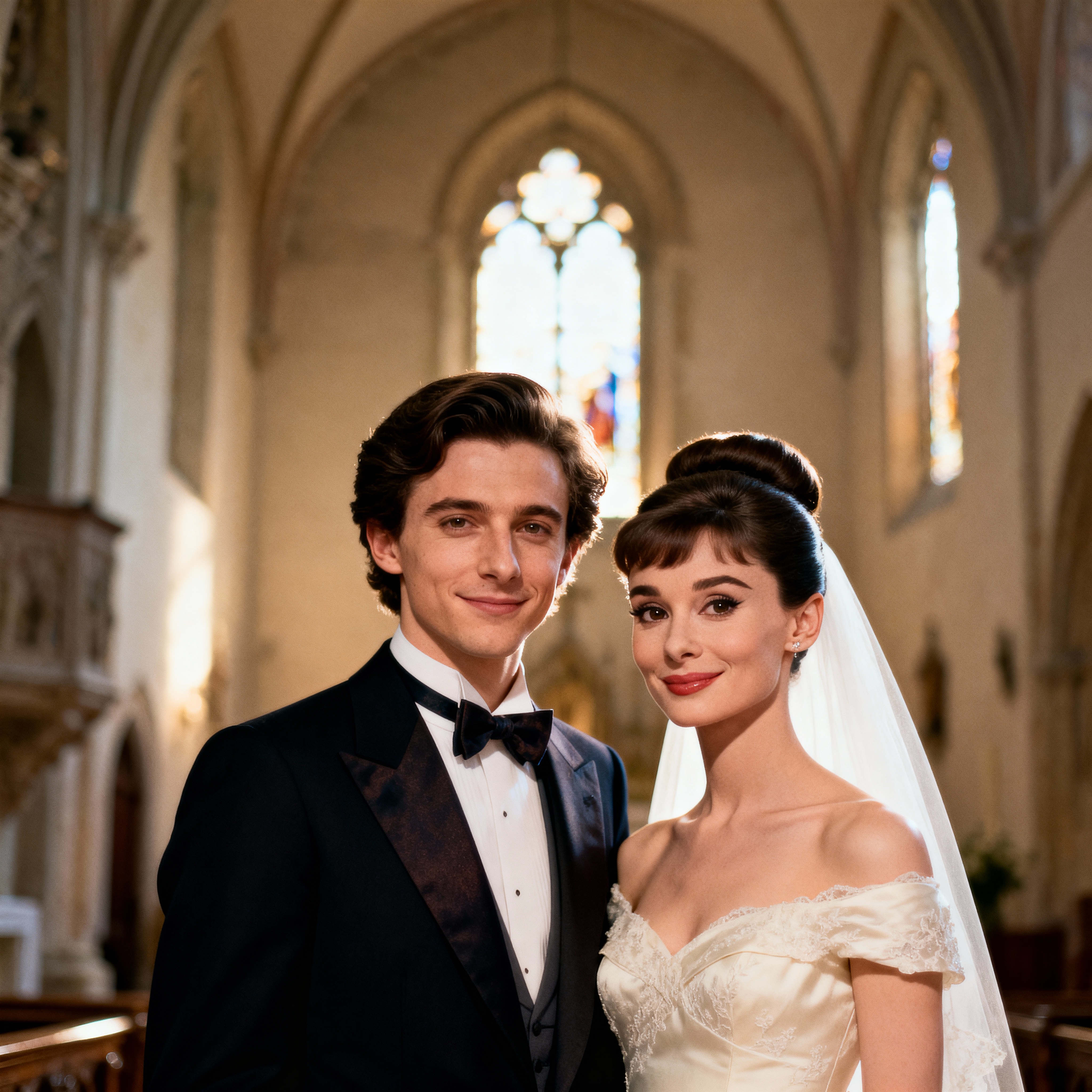 Eternal chic — Timothée Chalamet and Audrey Hepburn's wedding draped in simplicity and style | Source: Grok AI