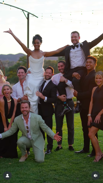 Britt Stewart and Daniel Durant with some of the A-list guests in attendance at their wedding, including Derek and Julianne Hough, posted on August 29, 2025. | Source: Instagram/lightcannonfilms