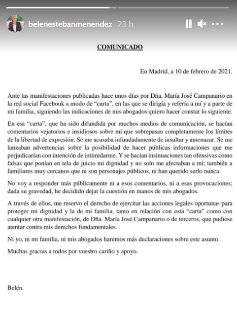 Comunicado de Belén Esteban. │ Foto: Captura de Instagram/belenestebanmenendez
