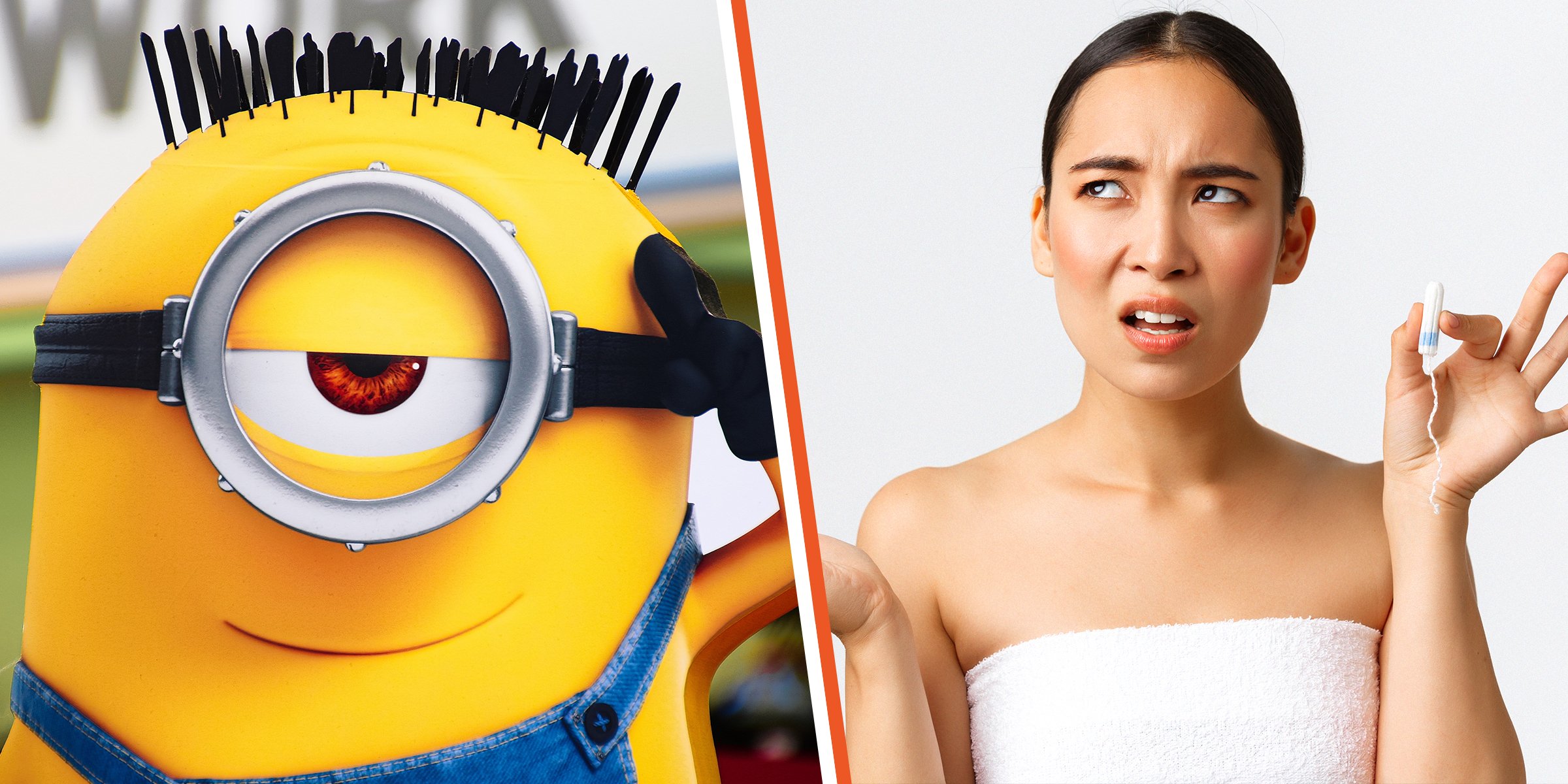 A Minion. | A woman holding a sanitary tampon. | Source:  Shutterstock