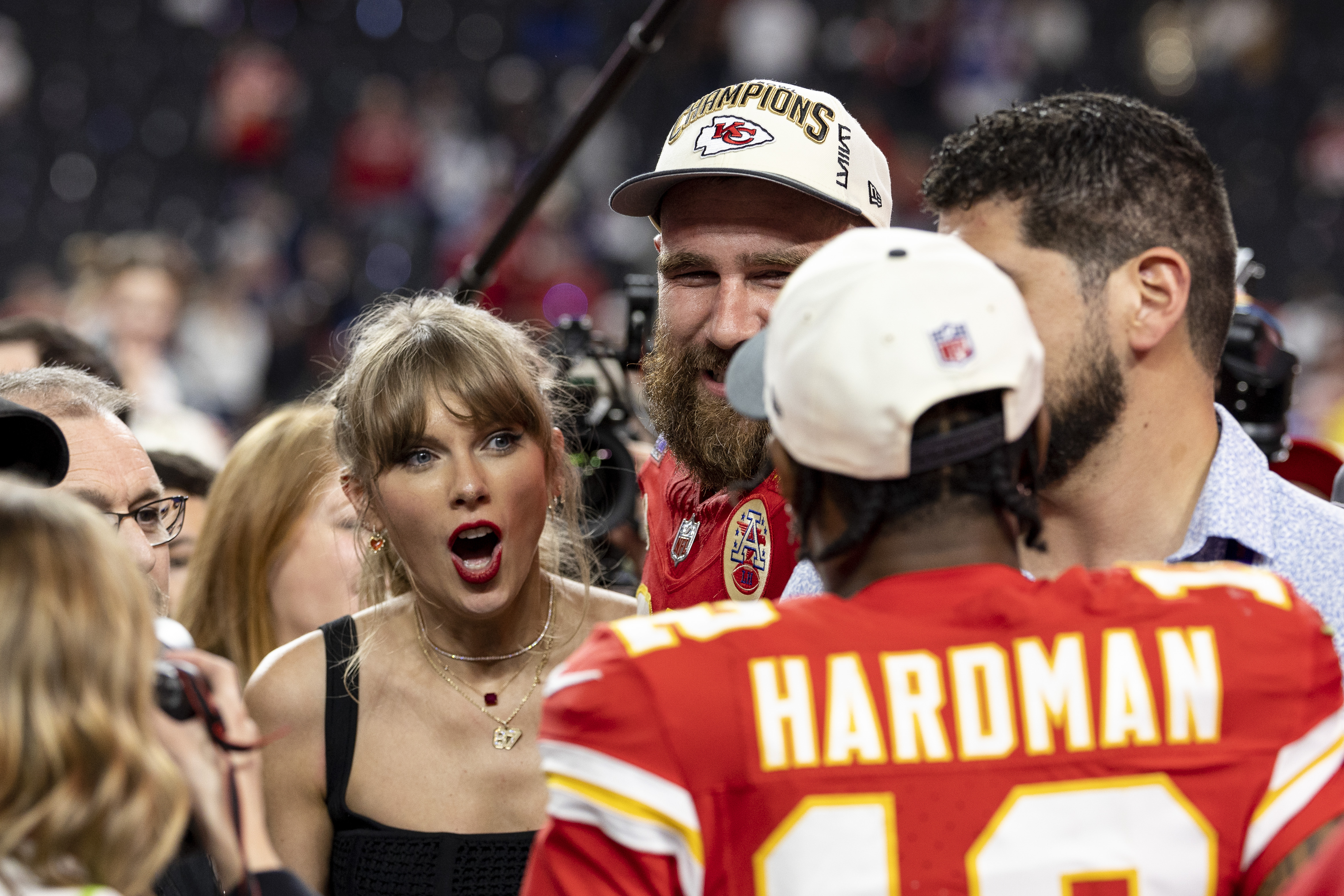 Travis Kelce and Taylor Swift during Super Bowl LVIII on February 11, 2024 in Las Vegas, Nevada | Source: Getty Images