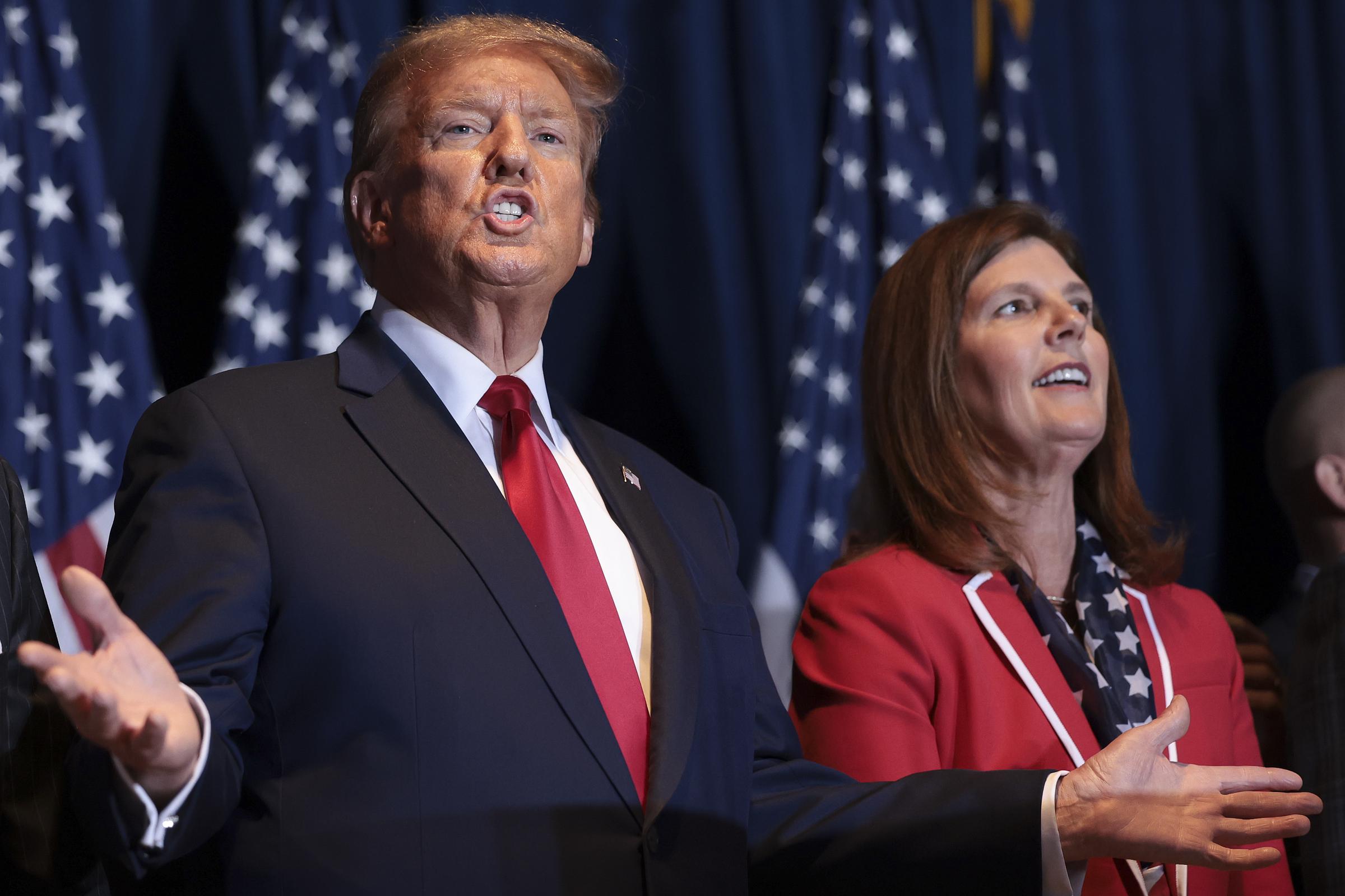 Donald Trump appeared alongside South Carolina Lieutenant Governor Pamela Evette during a 2024 primary-night event in Columbia. Evette has been mentioned as a possible contender and previously received Trump’s endorsement during her campaign for governor. | Source: Getty Images