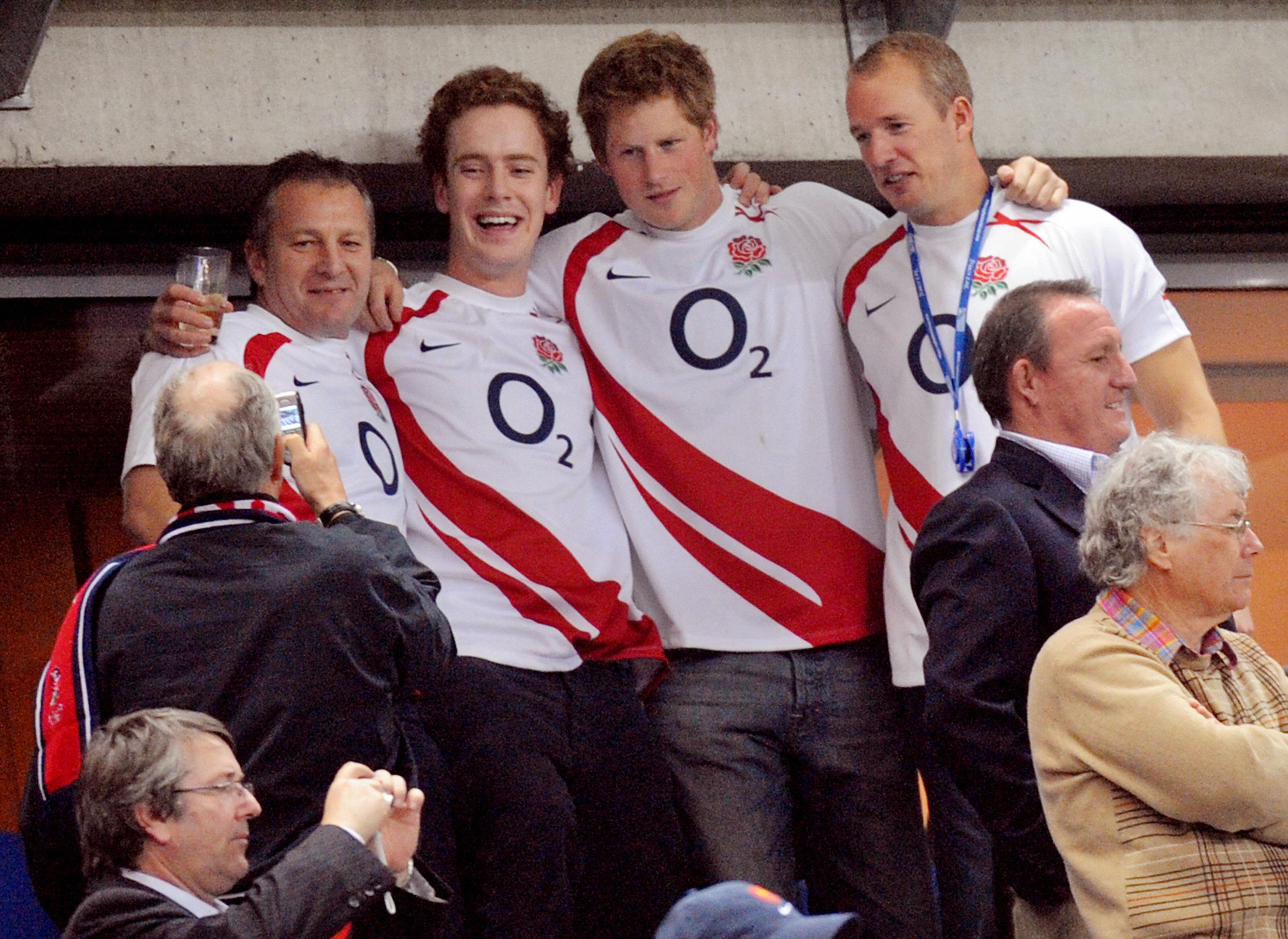 Prince Harry celebrating England's victory with friends at the end of the rugby union World Cup 2007 semi final match England vs. France at the Stade de France on 13 October 2007 in Saint-Denis, Paris. | Source: Getty Images