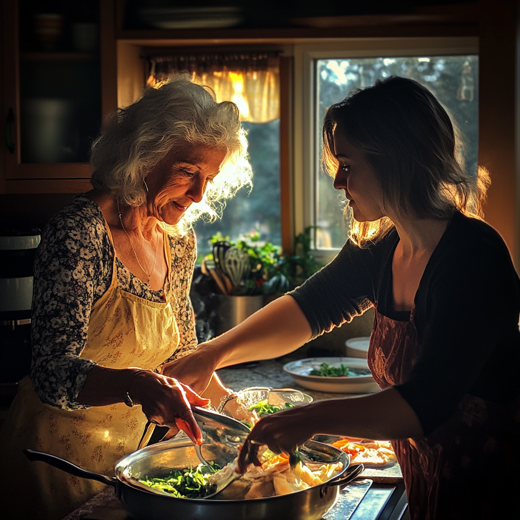 Woman and her mother in law preparing dinner | Source: Midjourney