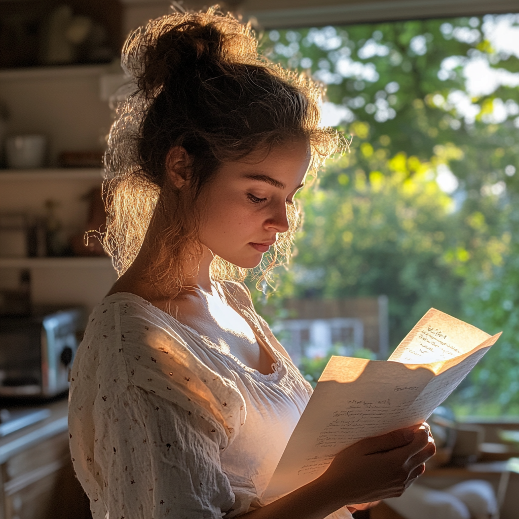 Young woman reading a letter | Source: Midjourney