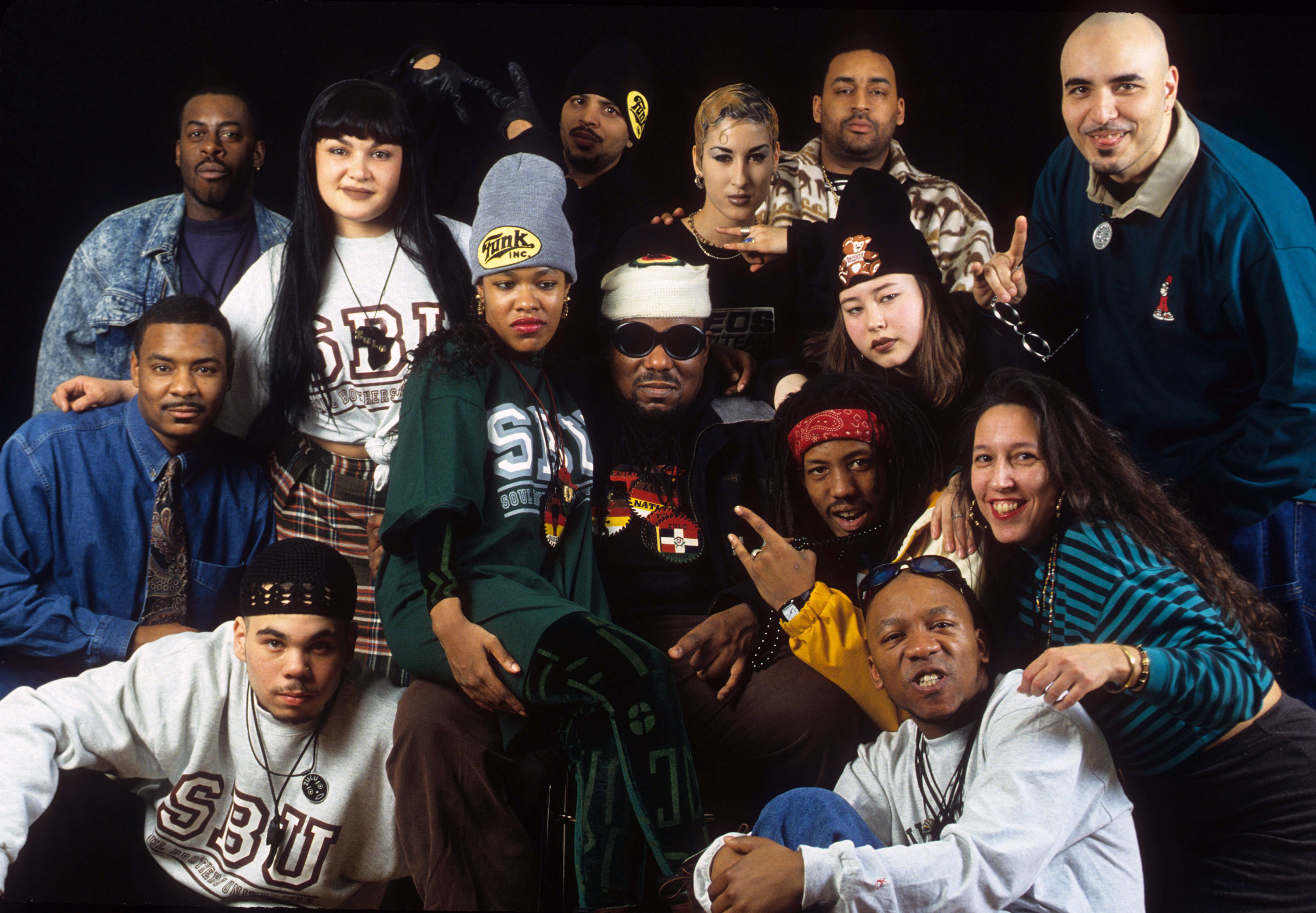 Afrika Bambaataa appears in a portrait with members of the Zulu Nation crew taken in New York City on February 10, 1995. | Source: Getty Images