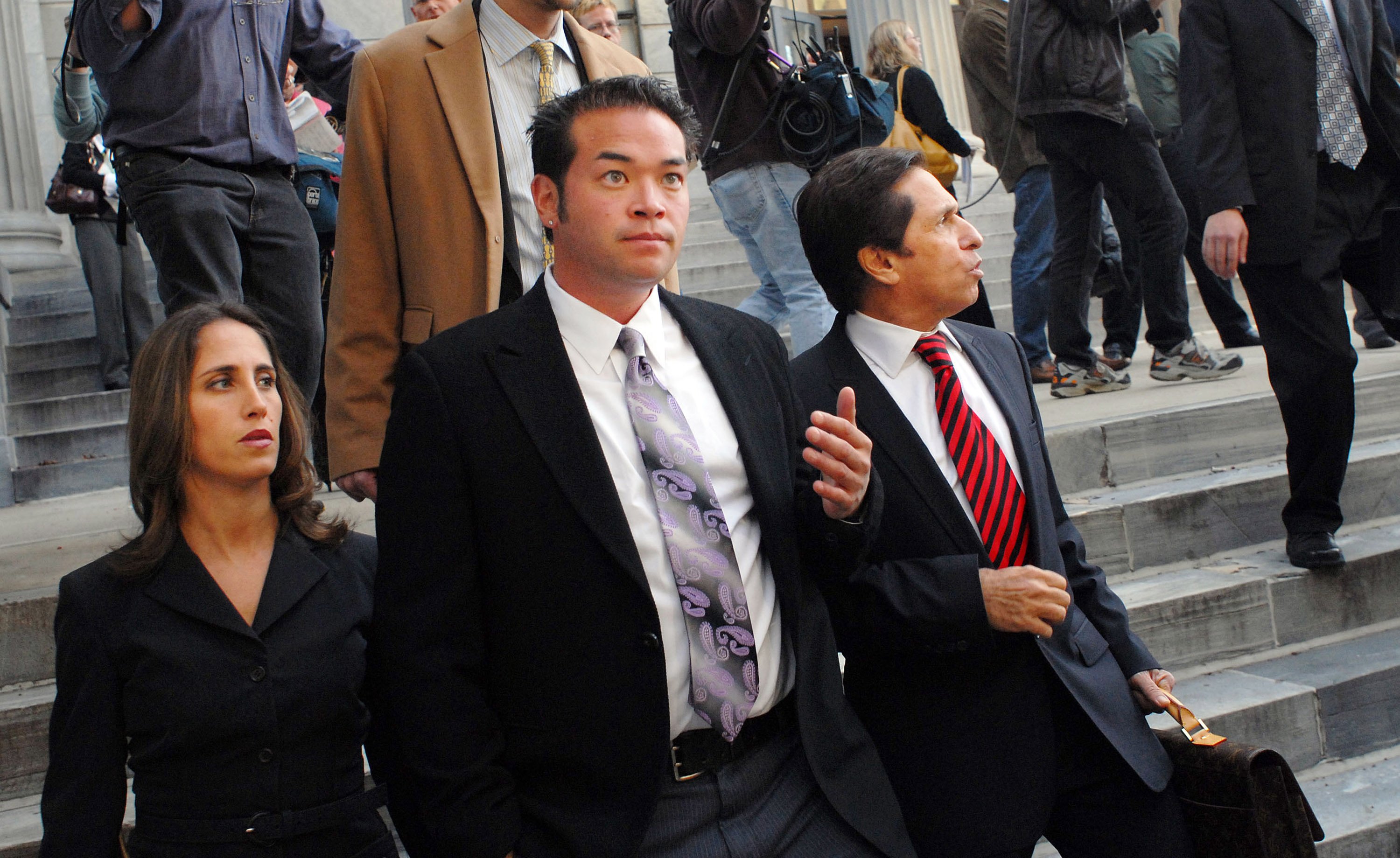 Jon Gosselin with the media as he leaves Montgomery County Courthouse after a hearing about his divorce from Kate Gosselin on October 26, 2009, in Norristown, Pennsylvania. | Source: Getty Images