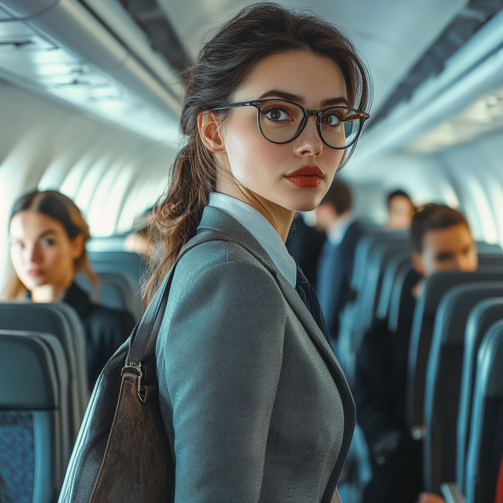 The woman listening to an announcement as she prepares to exit the plane | Source: Midjourney