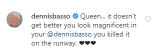 Dennis Basso comments on a photo of Lisa Rinna on the catwalk at his New York Fashion Week show on February 9, 2020. | Source: Instagram/ lisarinna.