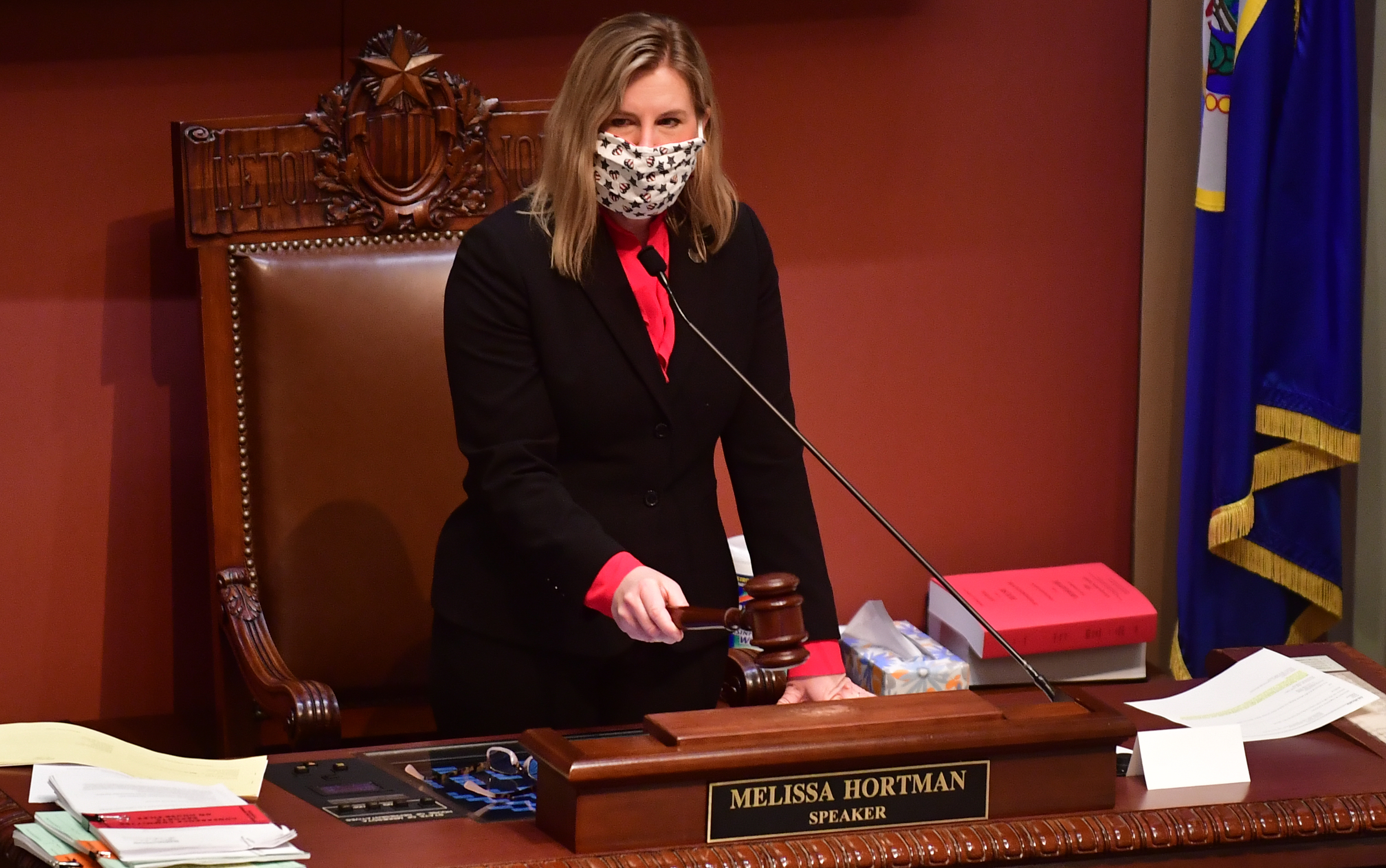 Speaker of the House Melissa Hortman bangs the gavel during a House session at the State Capitol in St. Paul on Tuesday, April 14, 2020. | Source: Getty Images
