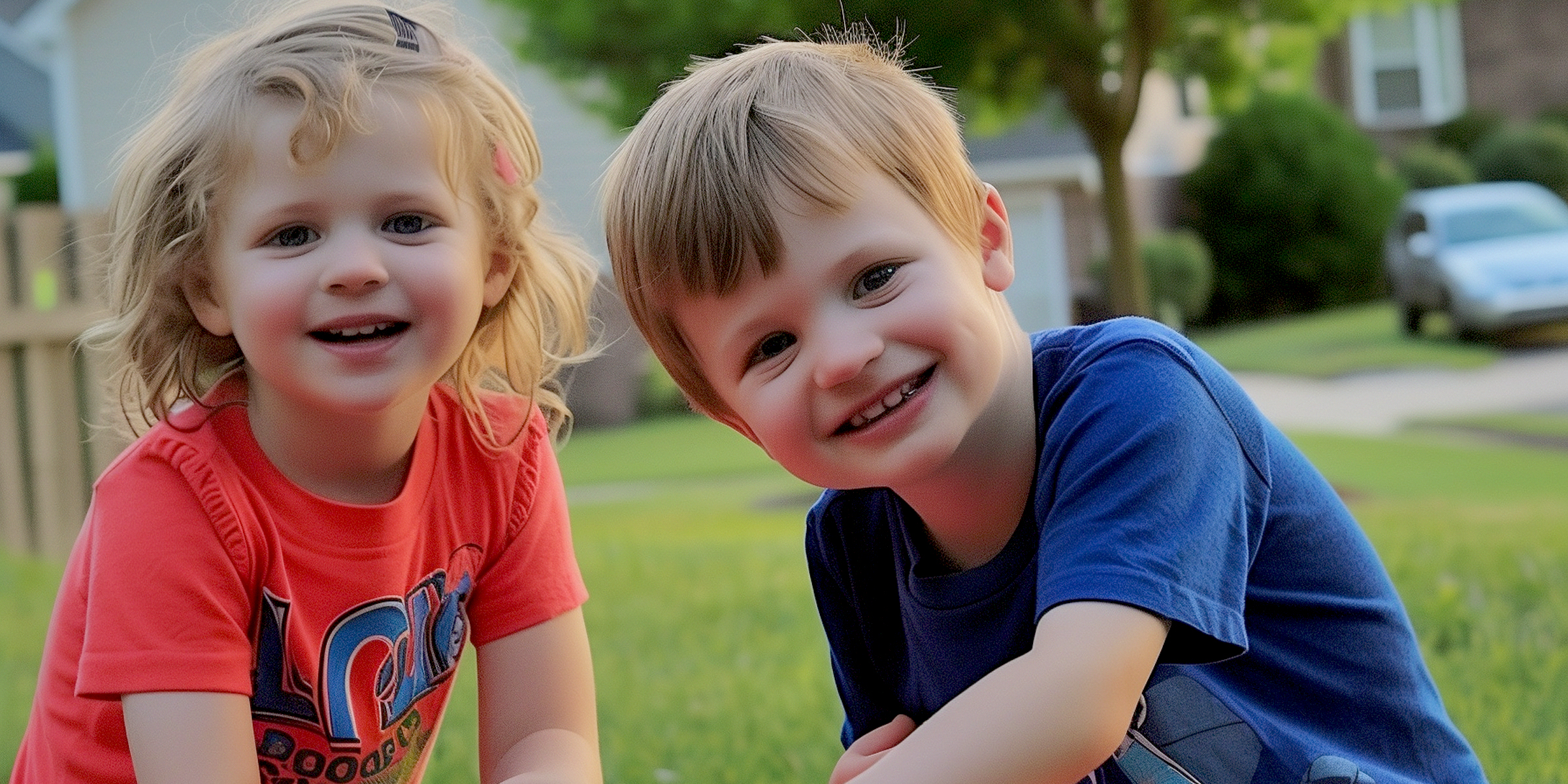 A happy little boy and girl sitting on the lawn | Source: AmoMama